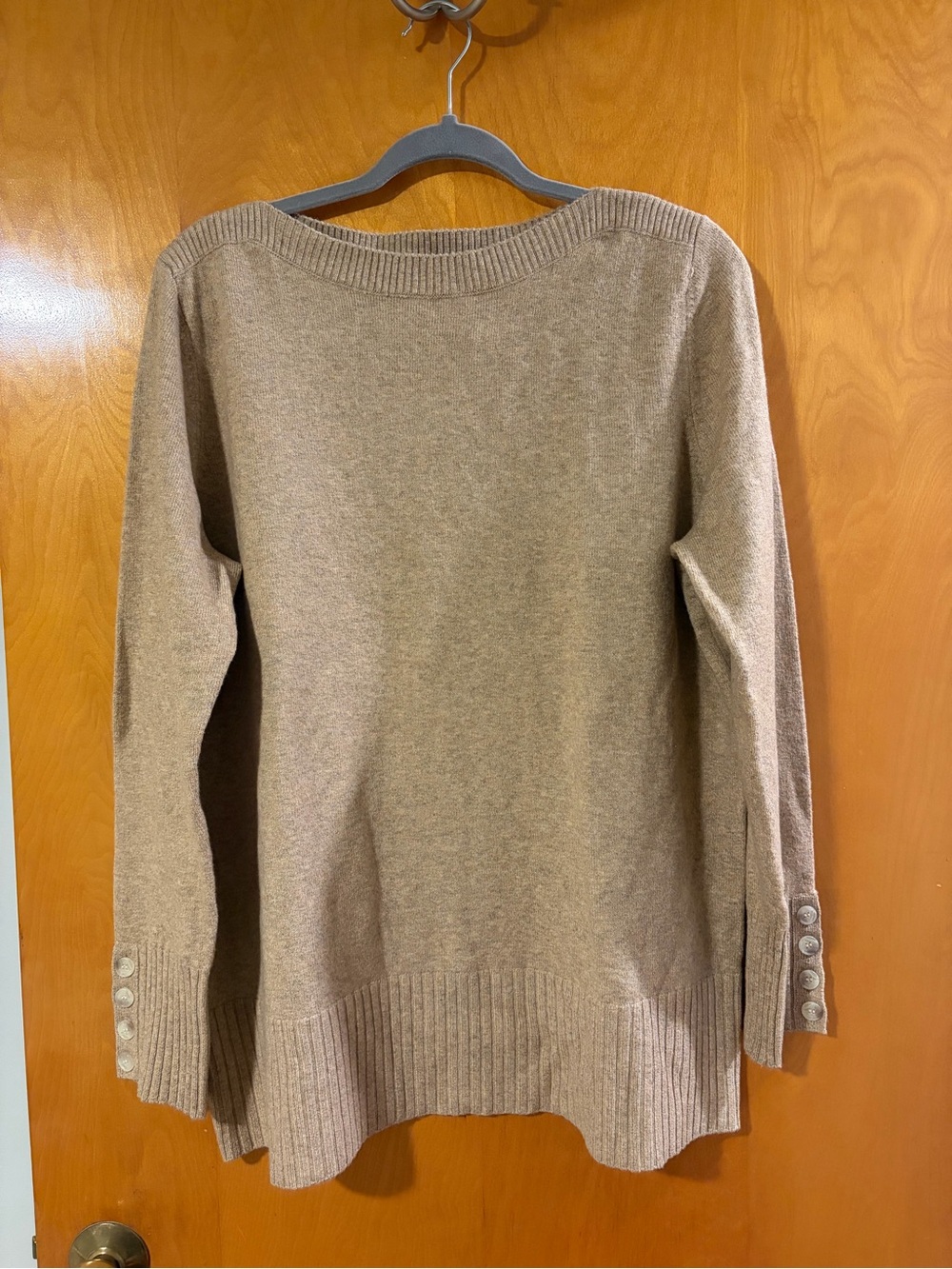 LOFT Tan Long-Sleeve Scoop-Neck Sweater with Button Cuffs